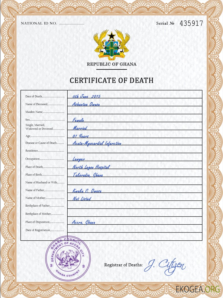 Modèle PSD de certificat de décès de l'état civil du Ghana